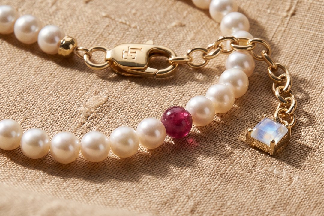 Caesura pearl and rubellite piece in 9ct yellow gold on linen, with the engraved LE clasp and princess-cut moonstone tag