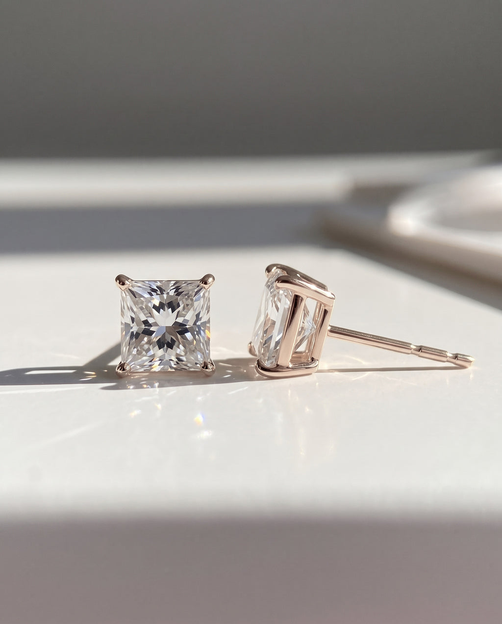 Princess Solitaire Ear Studs in 9ct rose gold