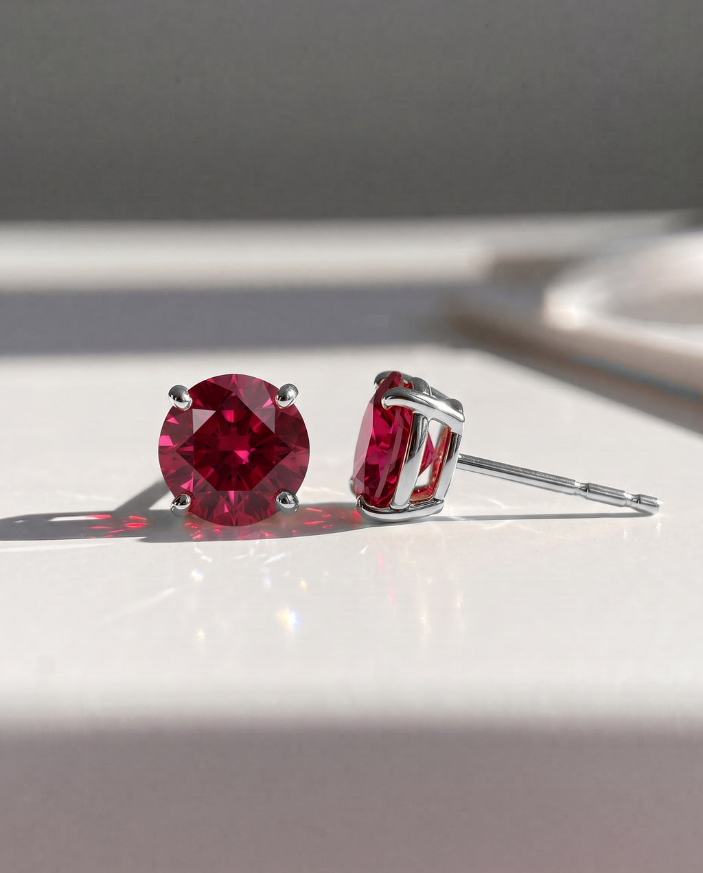Round Ruby Solitaire Ear Studs in 9ct white gold