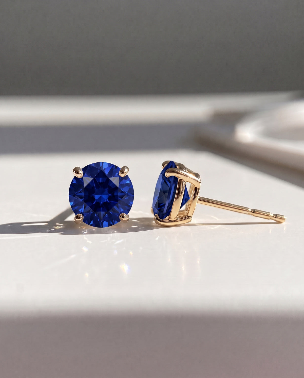 Round Sapphire Solitaire Ear Studs in 9ct yellow gold